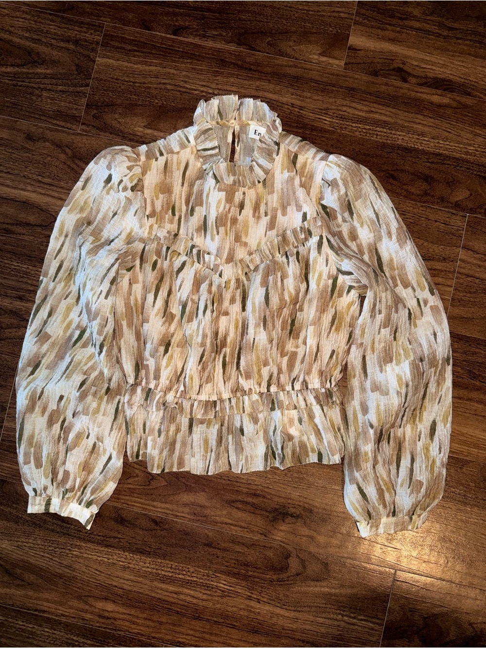 En Saison Cream, Olive & Beige Smocked Ruffle Blouse